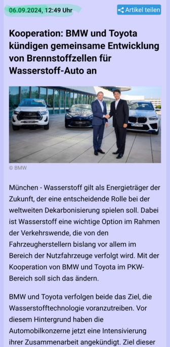 Ein Artikel, der ankündigt, dass BMW und Toyota Wasserstoff Autos bauen wollen. Mit Datum 5.9.2024. unglaublich.